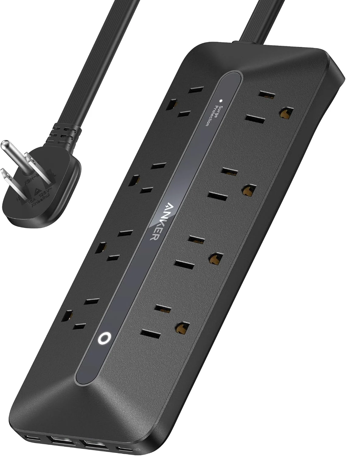 Anker Power Strip with 900J Surge Protector, Flat Plug Extension Cord with Multiple Outlets, 8 AC, 2 USB A & 2 USB C Ports for 35W Max