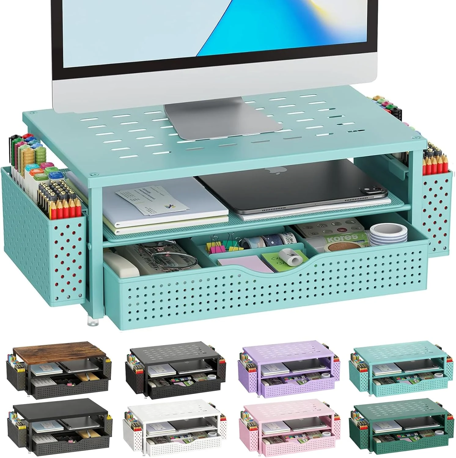 gianotter Desk Organizers and Accessories, Monitor Stand with Drawer and 2 Pen Holder (Blue)