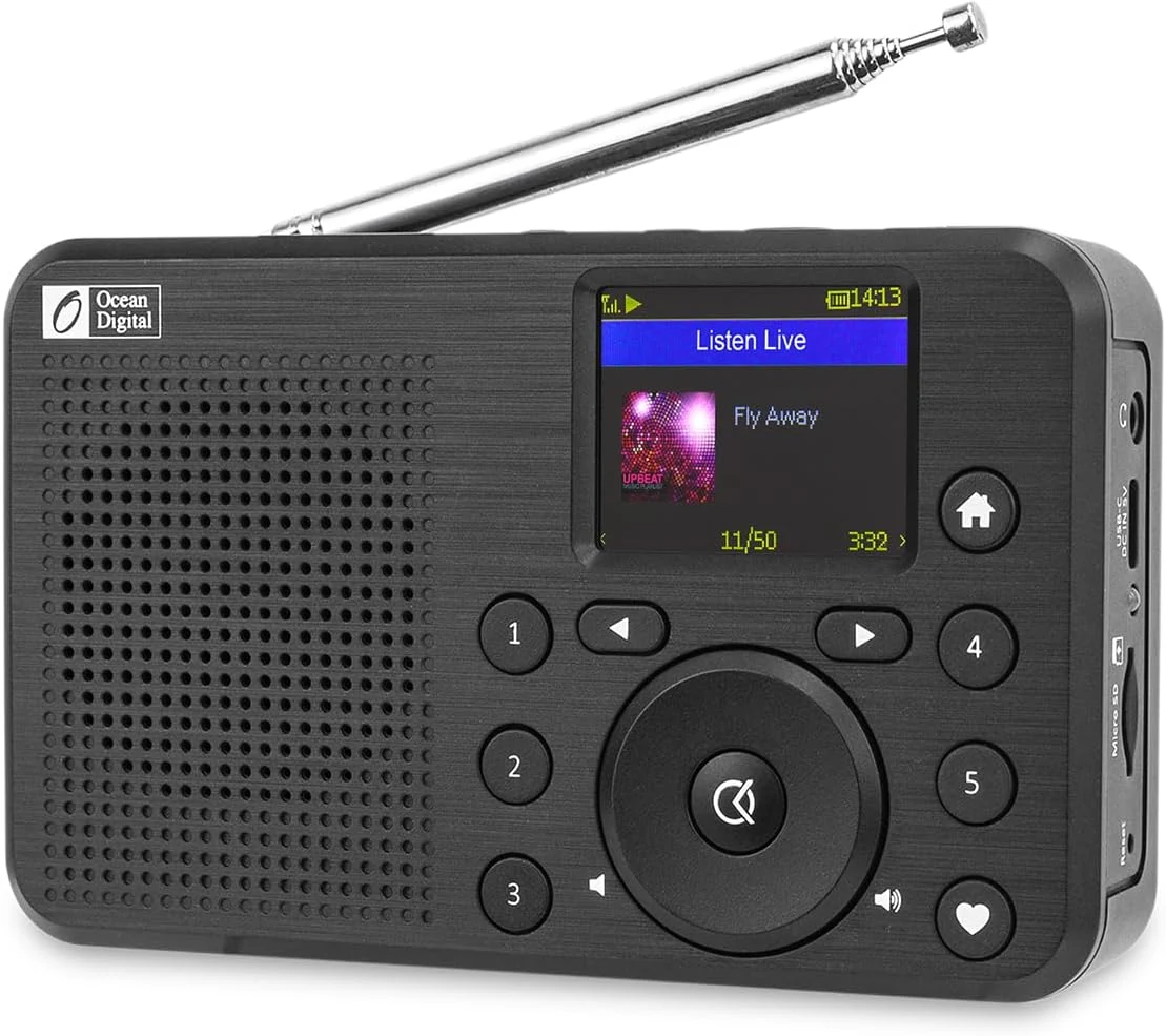 Ocean Digital WR-18 Handheld Portable Internet Radio, FM, Bluetooth Speaker, Micro SD, Rechargeable, 5 Preset Buttons, Dimmer, Auto-Off Timer, Color Display