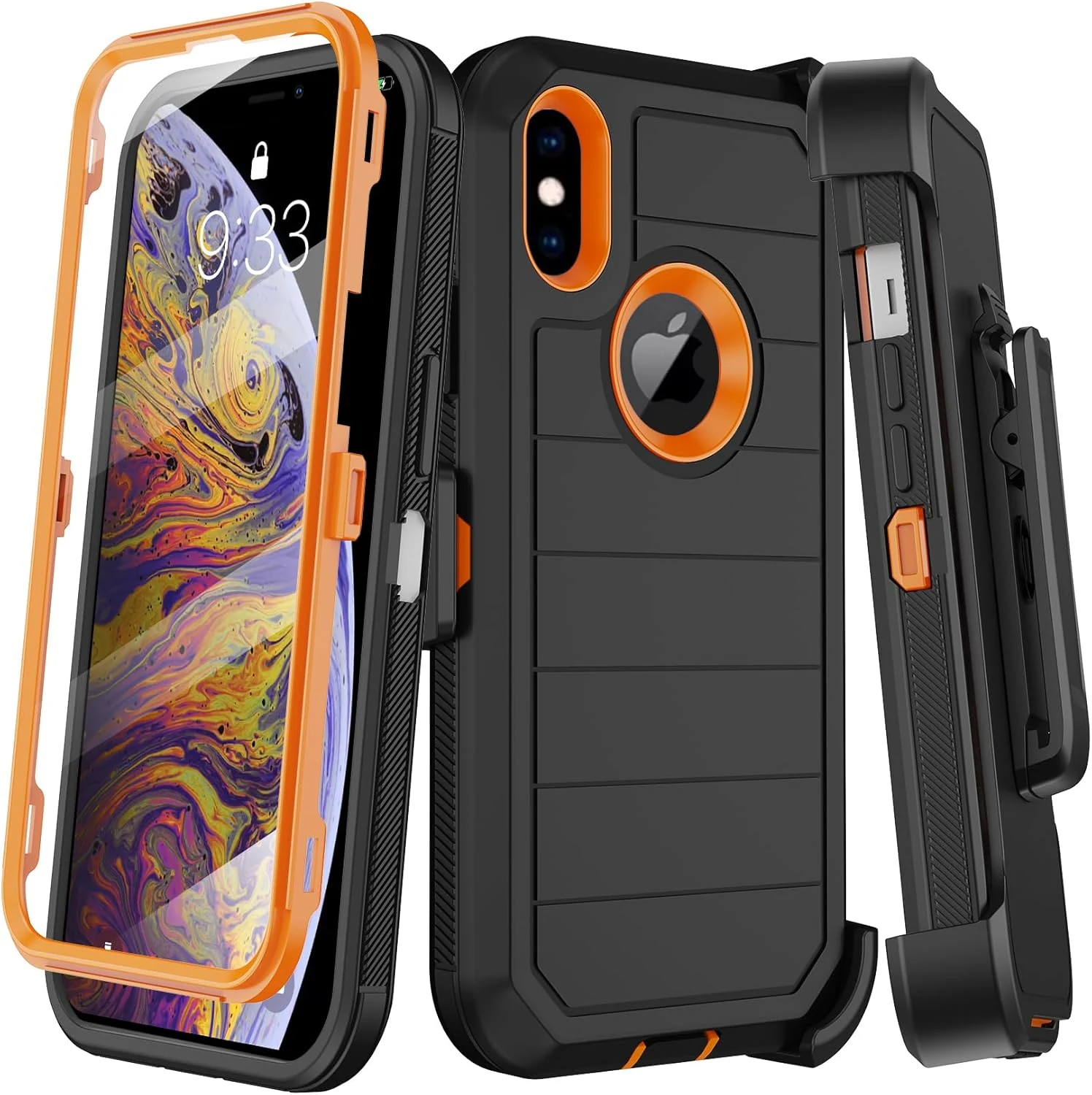 KECAI for iPhone X Case with Built-in Screen Protector, iPhone XS Case Belt Clip Holster (Black/Orange)