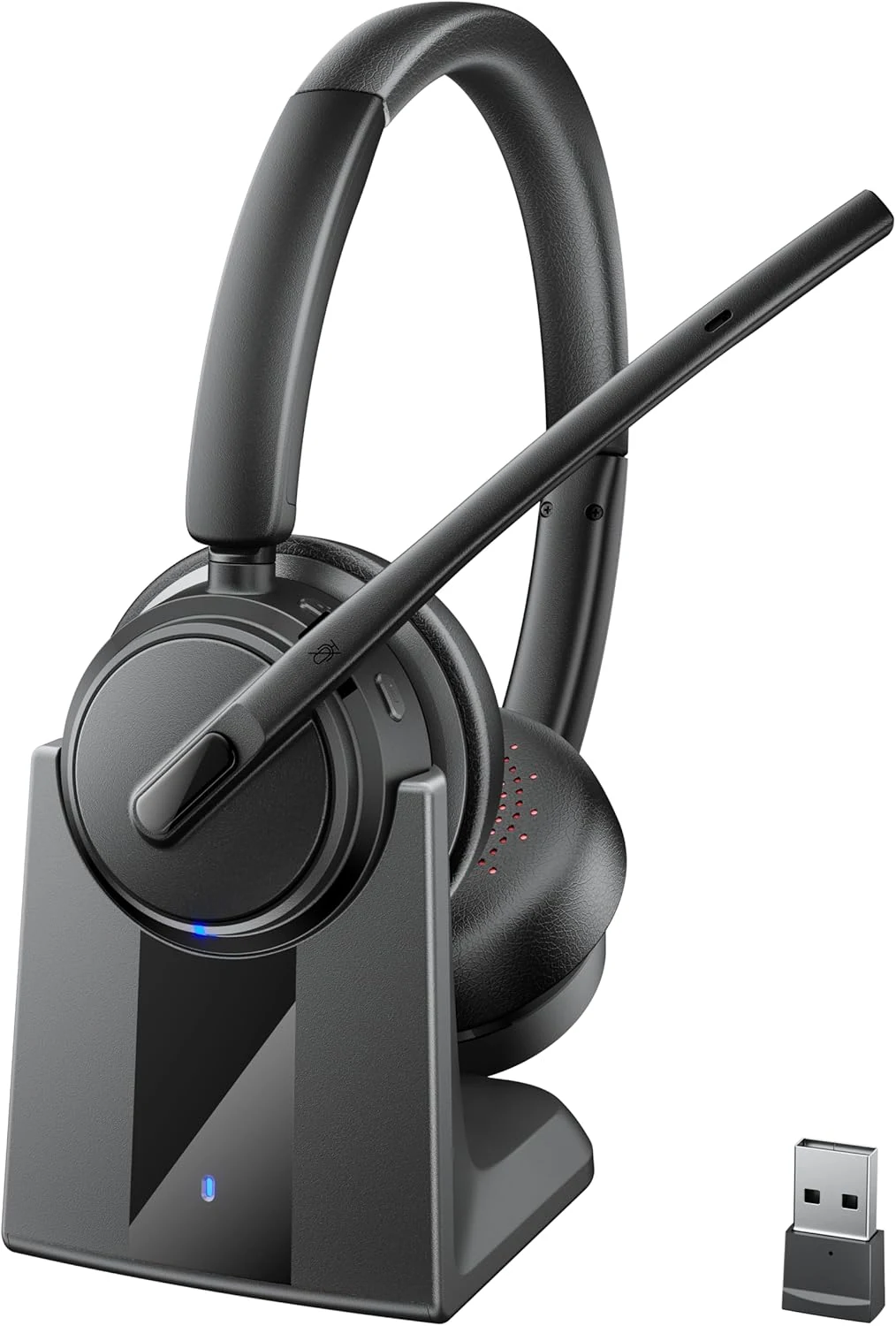 Mopchnic Wireless Headset with Noise Cancelling Microphone, On-Ear Bluetooth Headset with USB Dongle, Mute Function & Charging Base (Black)