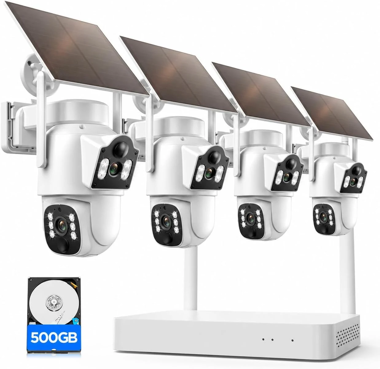 CAMCAMP Solar Security Cameras Wireless Outdoor, 4 Cameras Dual-Lens PTZ with 10CH NVR & 500GB HDD