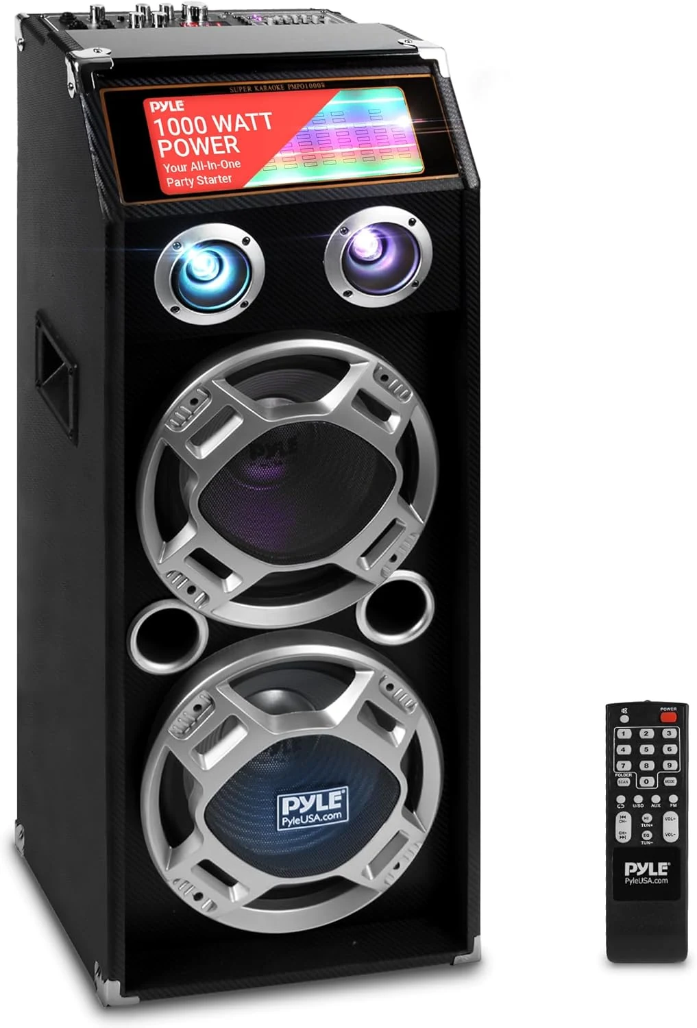 Pyle Wireless Active PA Speaker System - 1000W Portable Bluetooth PA Speaker with USB/SD, FM, AUX, Mic/Guitar Input, Remote, DJ Lights