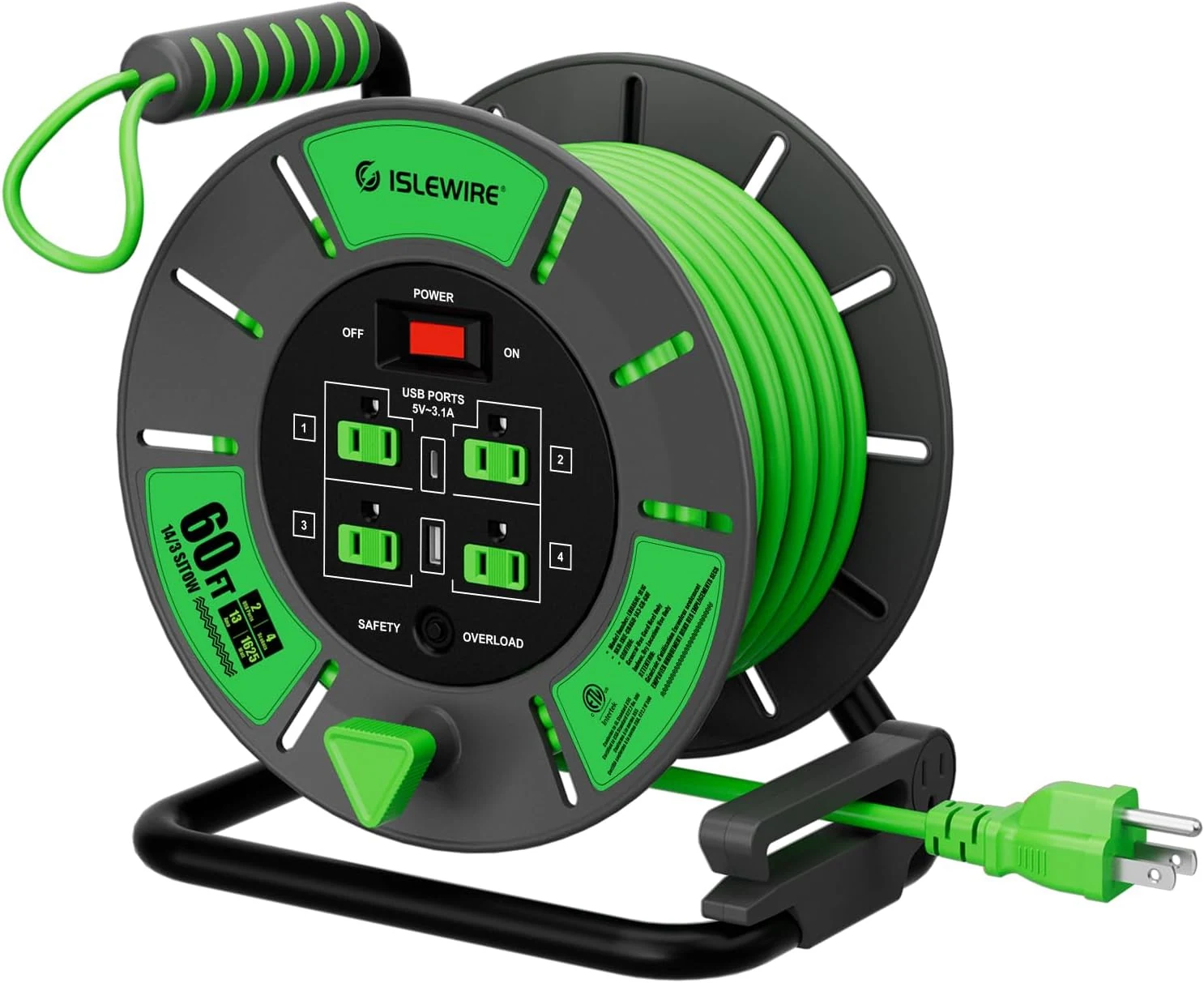 60 FT Retractable Extension Cord Reel, 14AWG SJTOW Heavy Duty Power Cord with 4 Grounded Outlets, USB-A & USB-C Ports, 13A Circuit Breaker, Hand Crank for Indoor Outdoor Use, ETL Listed, Green