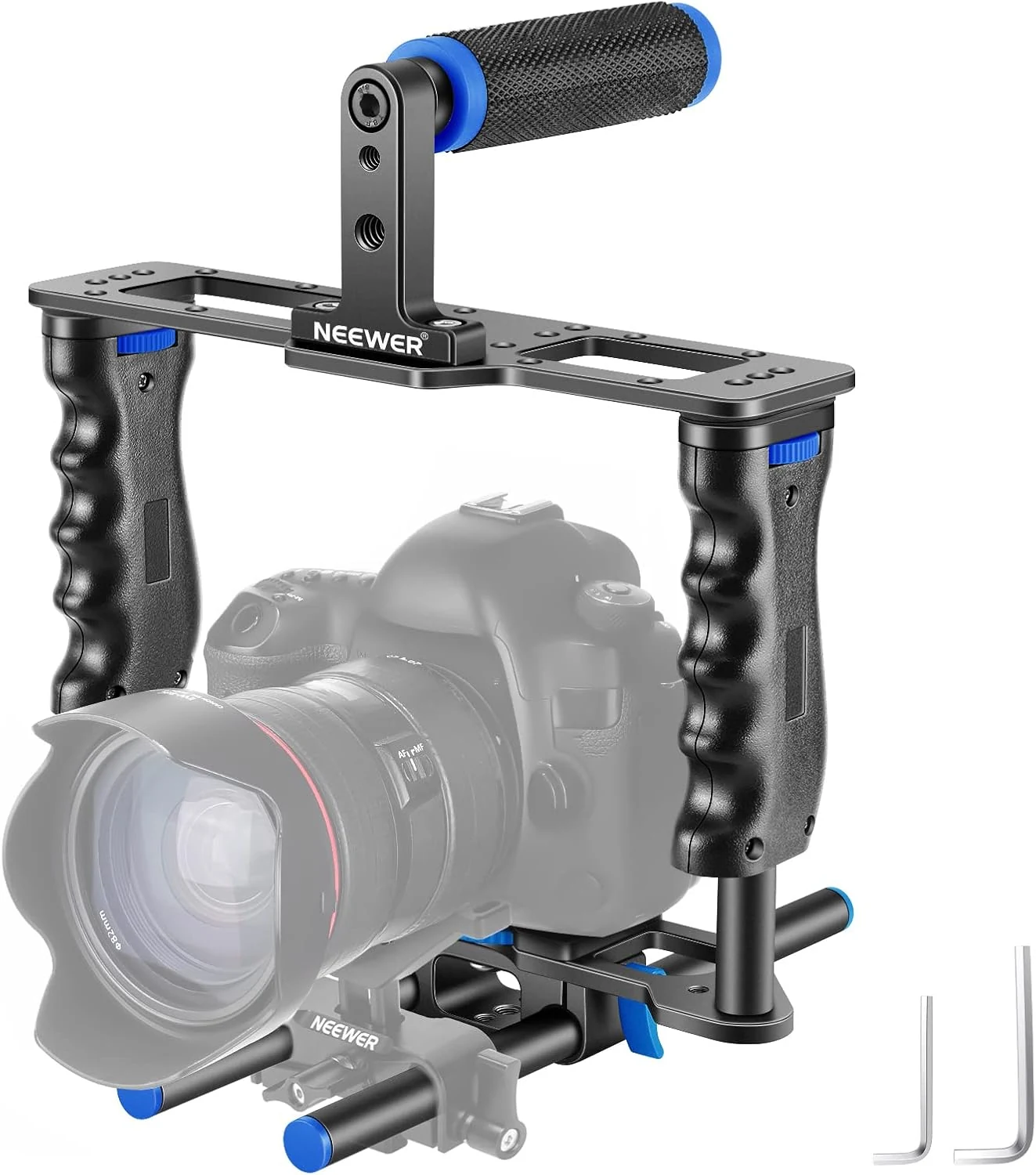 NEEWER Camera Video Cage Film Movie Making Kit, Aluminum Alloy with Top Handle, Dual Hand Grip, Two 15mm Rods (Black + Blue)
