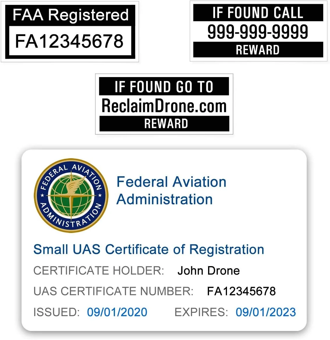 FAA Drone Labels (2 Sets of 3) + FAA UAS Registration ID Card for Hobbyist Pilots (Plus Optional Battery Labels)