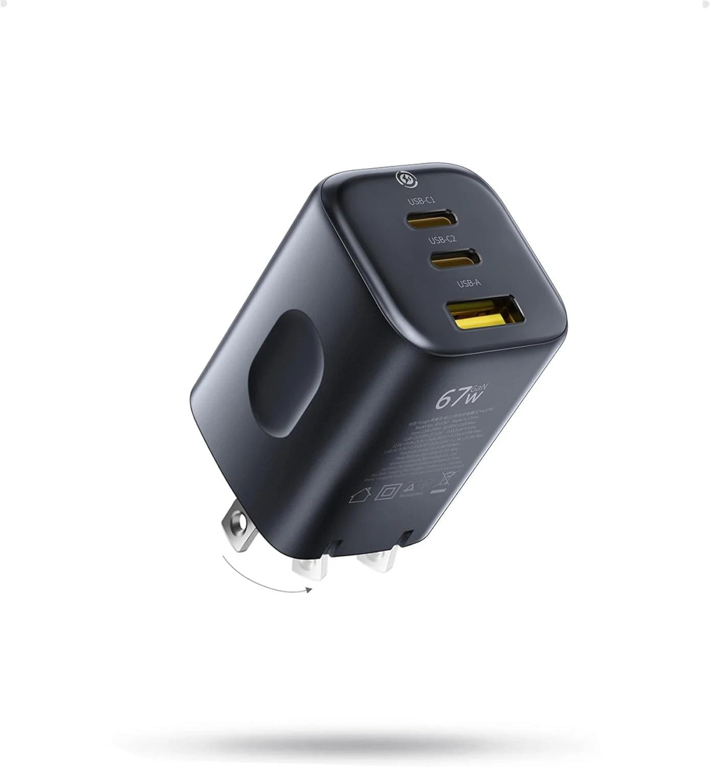 Baseus PICOGO 67W USB C Charger, Smallest 3 Port Fast Charging Block with Foldable Plug