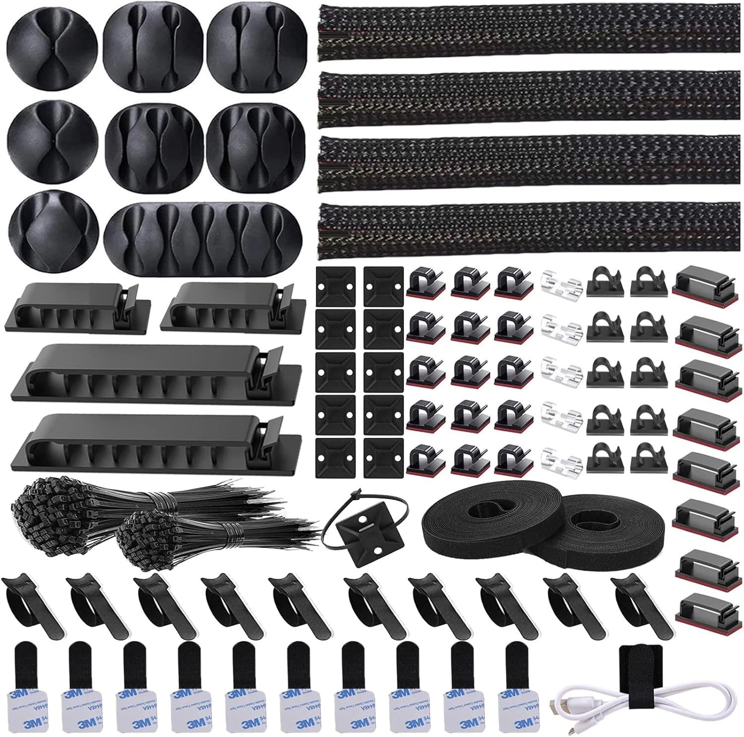 311Pcs Cable Management Organizer Kit 4 Cable Sleeve Split,53Cable Clips 12Cord Clips Holder,22 Cable Ties, 20 Adhesive Wall Cable Tie,200Fasten Cable Ties for TV Office Home Electronics