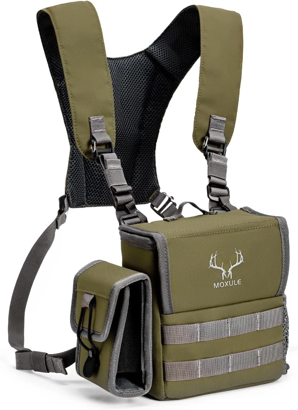 MOXULE Binocular Harness Chest Pack - Bino Case with Rangefinder Pocket and Waterproof Cover (Green)