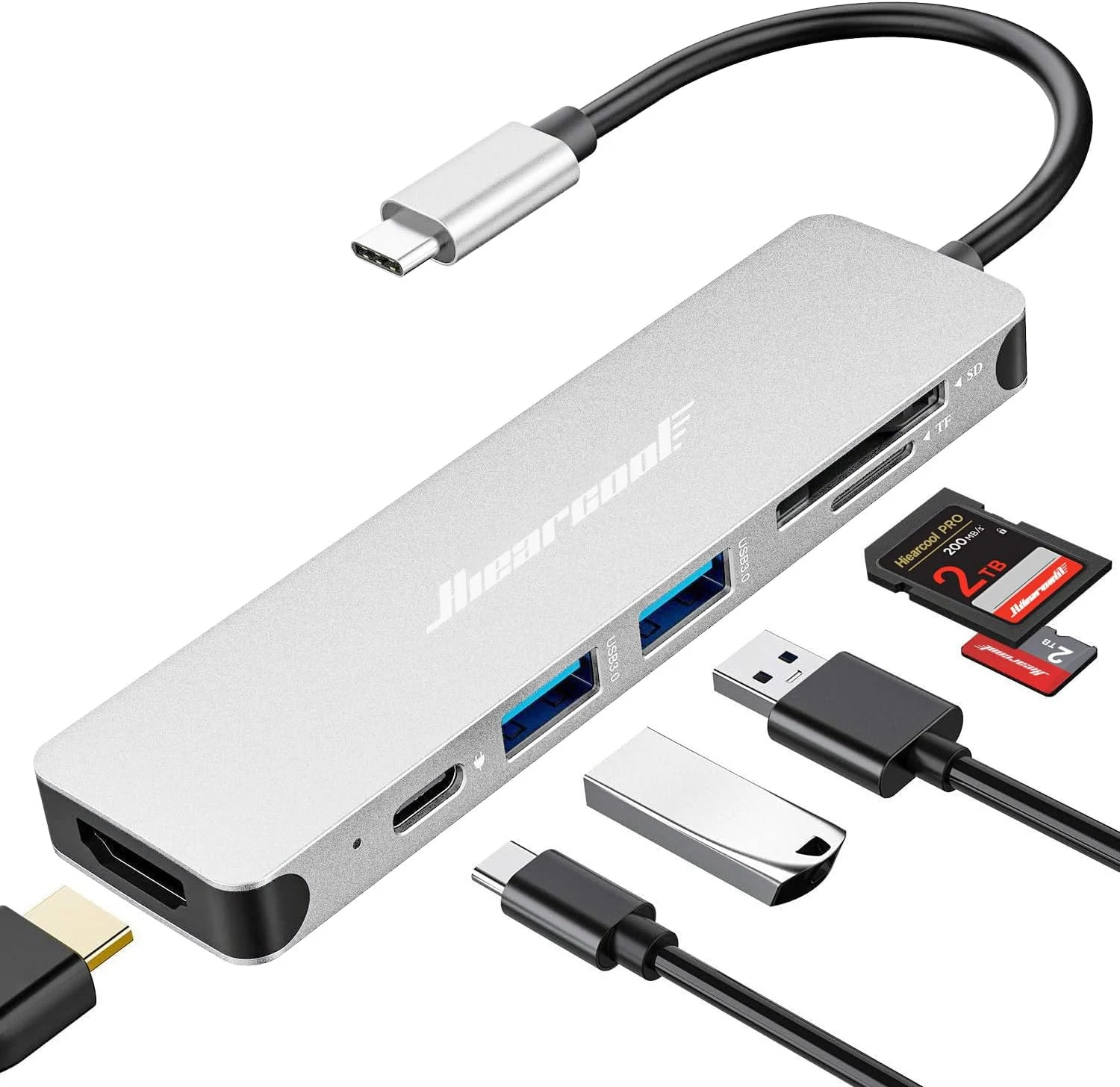 Hiearcool USB C Hub Multi-Port Adapter, 7-in-1 USB-C Dongle with 4K HDMI 100W PD SD/TF Card Reader