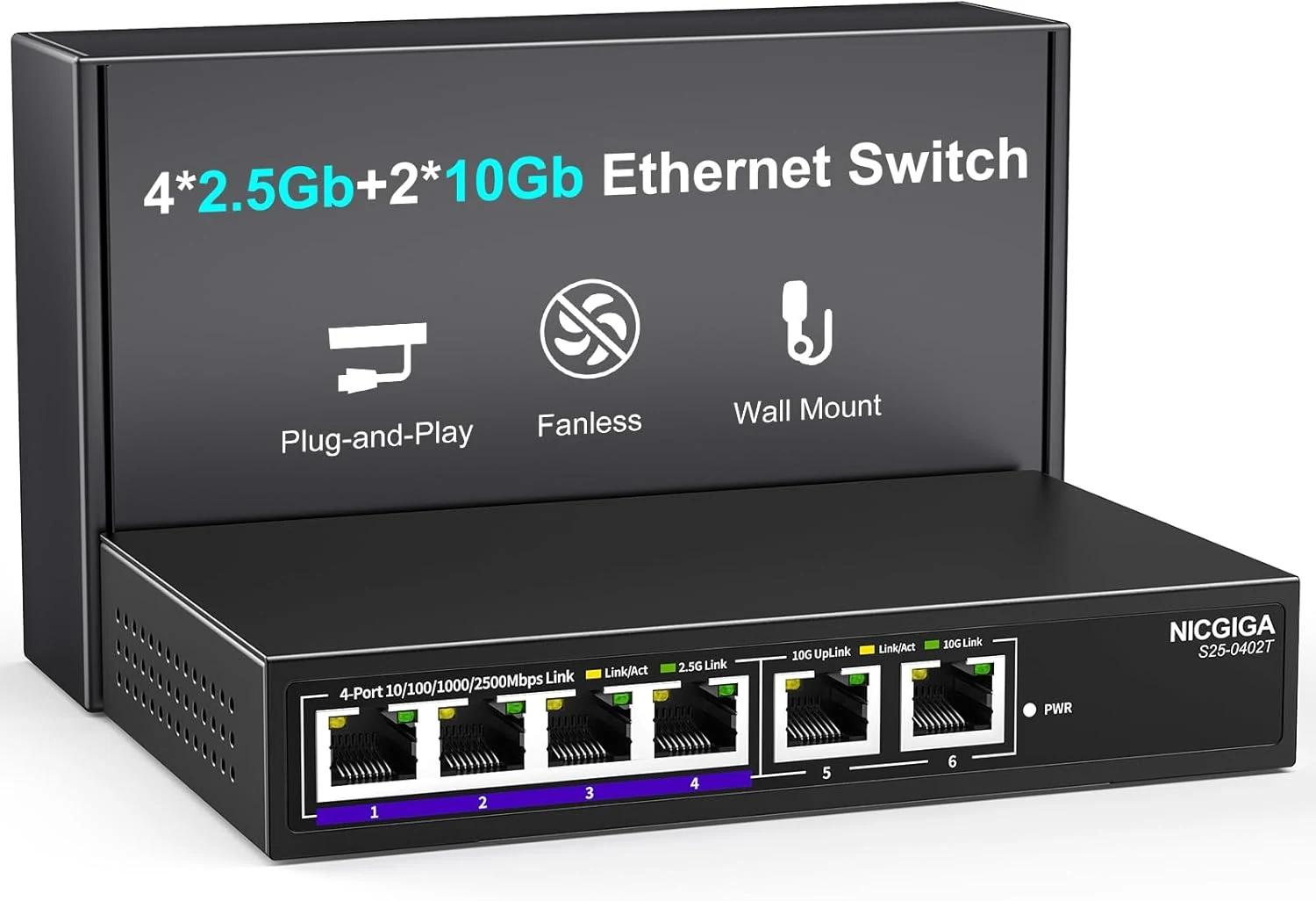NICGIGA 10Gbe Ethernet Switch Unmanaged with 2 x 10Gb RJ45 Ports + 4 x 2.5Gb Base-T Ports