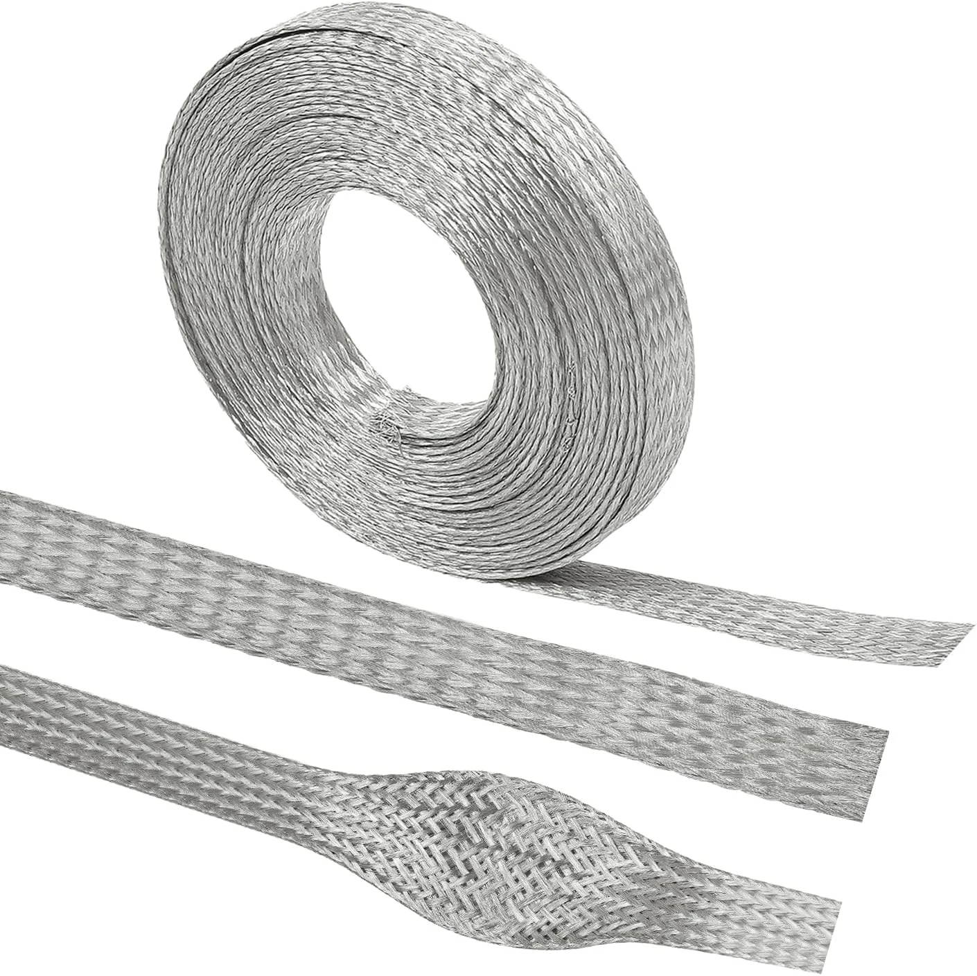 BuyUneed tinned copper grounding braid straps shielding wire sheathing cable sleeve (1/2 in wide, 15ft)
