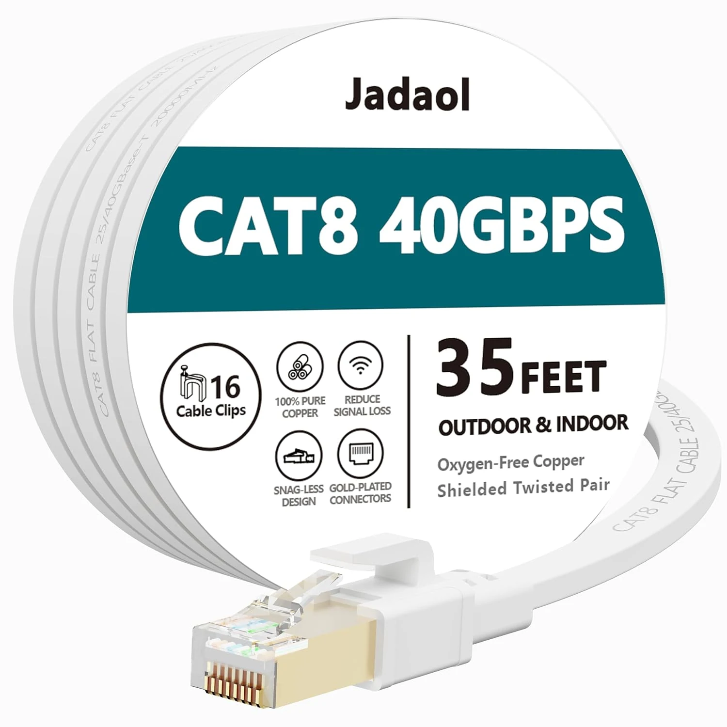Jadaol Cat 8 Ethernet Cable 35 ft, 40Gbps 2000MHz Flat RJ45 S/FTP LAN Patch Cable, White