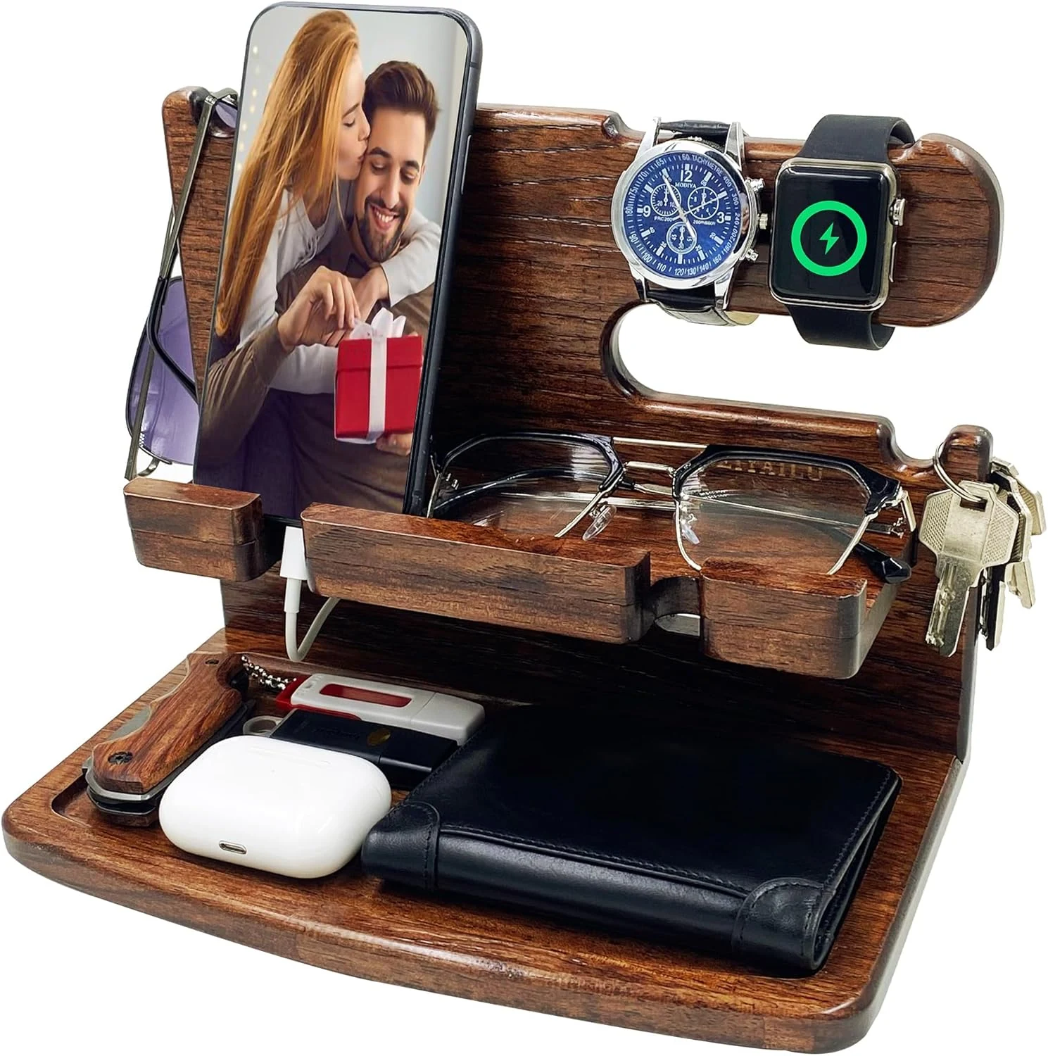 VEIYAILU Gifts for Men Boyfriend Dad Husband Him Wood Phone Docking Station Nightstand Organizer for Men (Walnut)