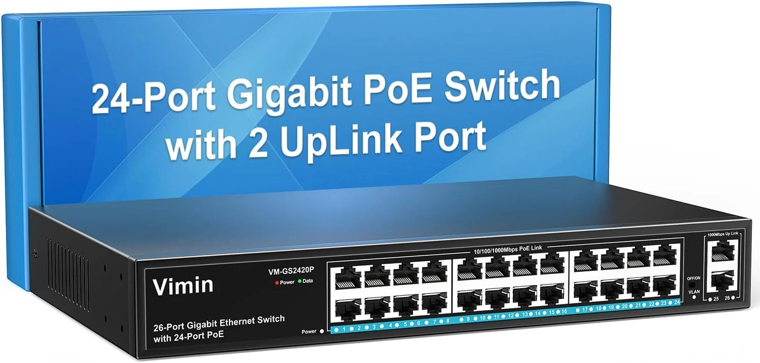 24 Port Gigabit PoE Switch with 2 Uplink Gigabit Ports, VIMIN 26 Port Unmanaged PoE Ethernet Switch with 320W Power