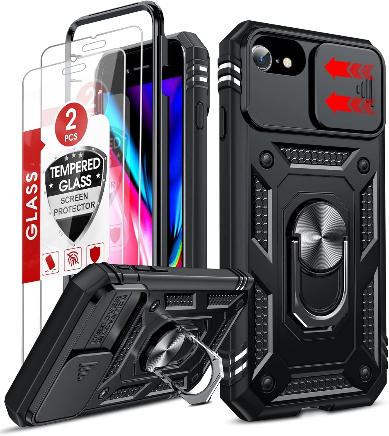 LeYi Compatible for iPhone SE Case 3rd/ 2nd Generation: iPhone 7/8/ SE 2022 2020 Case with [2Packs] Screen Protector, Slide Camera Cover & Kickstand, Military-Grade Protection for i Phone Cover, Black