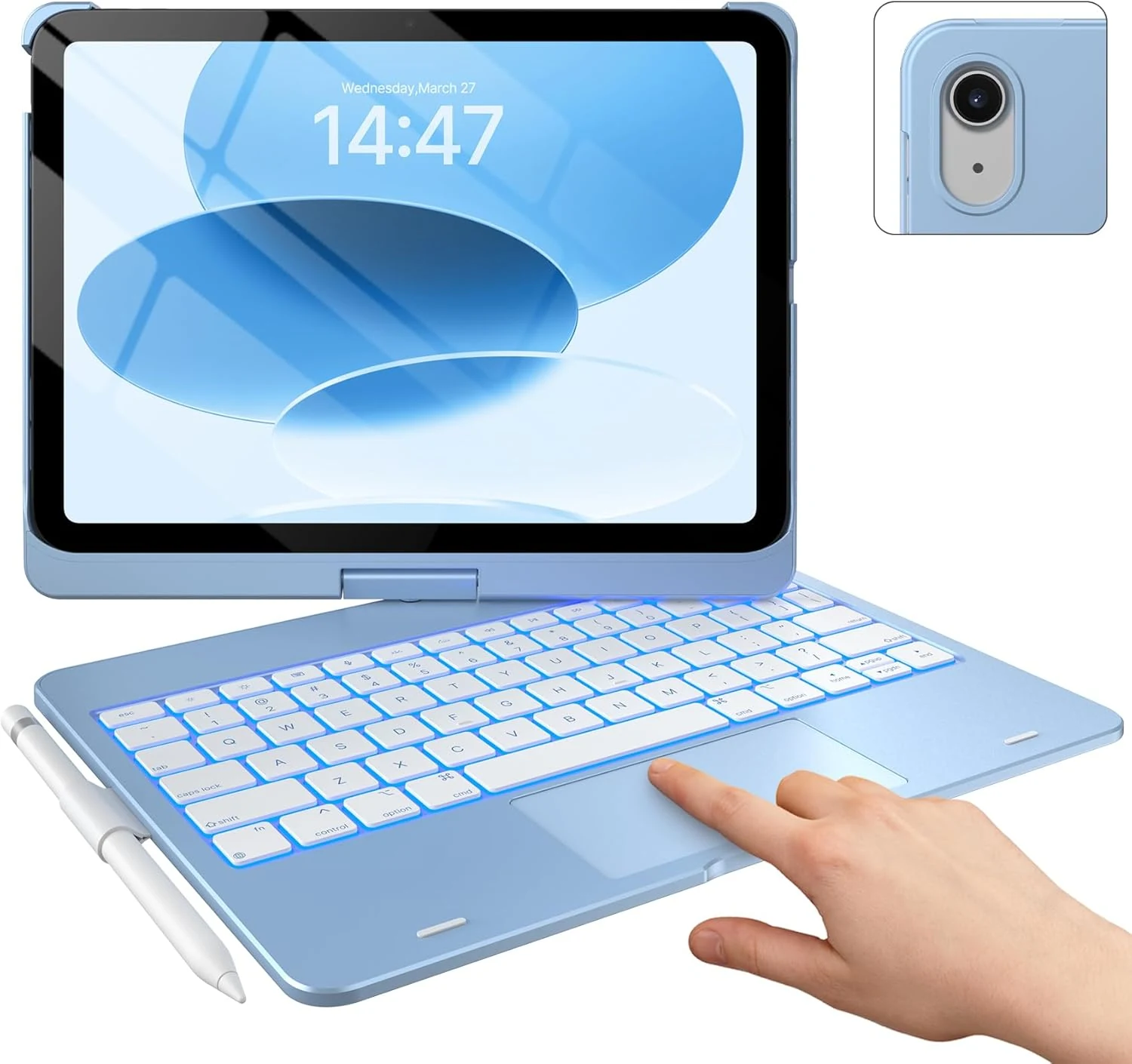 typecase Touch iPad 11th 10th Generation Case with Keyboard (11" 2025, A16 & 10.9" 2022) – 360° Rotatable, 11-Color Backlit, Multi-Touch Trackpad, Pencil Holder, Thin & Light – Sky Blue