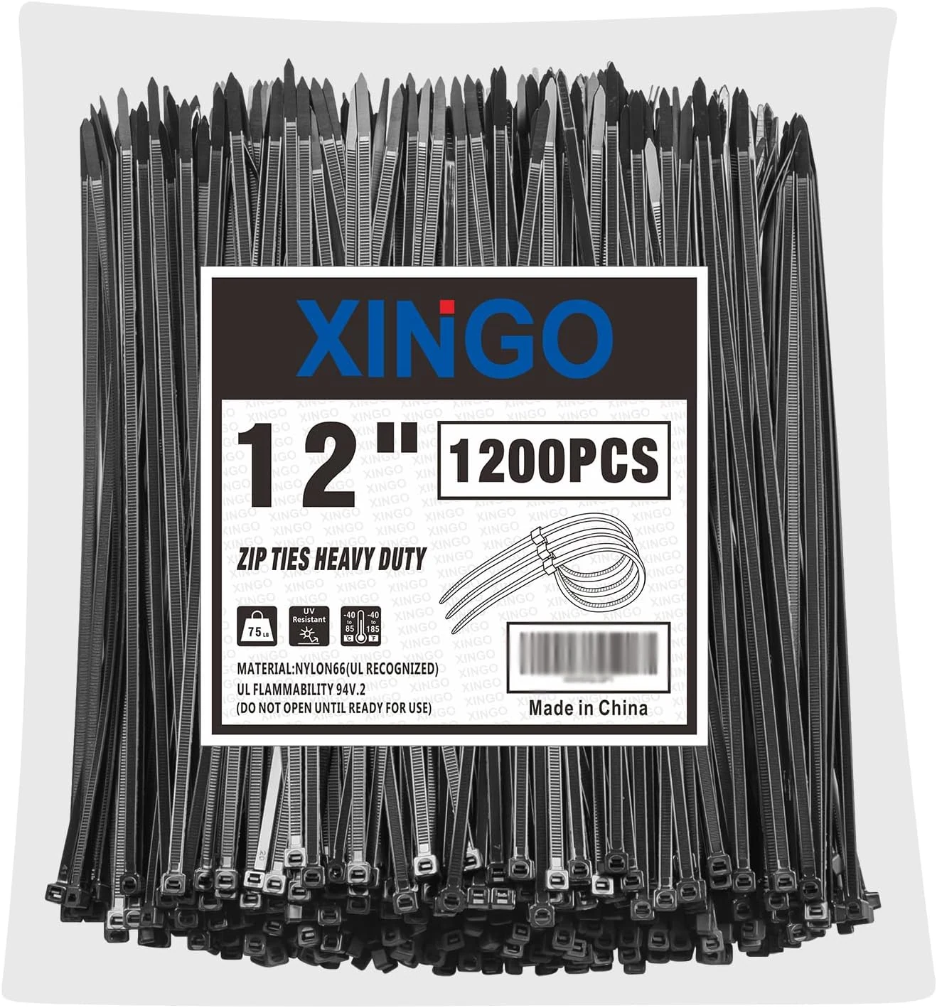 XINGO 12 Inch Black Zip Ties 1200 PCS, 75 LBS Tensile Strength, UV Resistant Cable Ties
