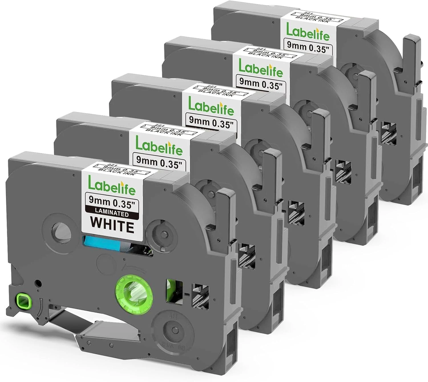 Labelife TZe-221 TZe221 Replacement for Brother P Touch Label Maker Tape (9mm, 5-Pack)