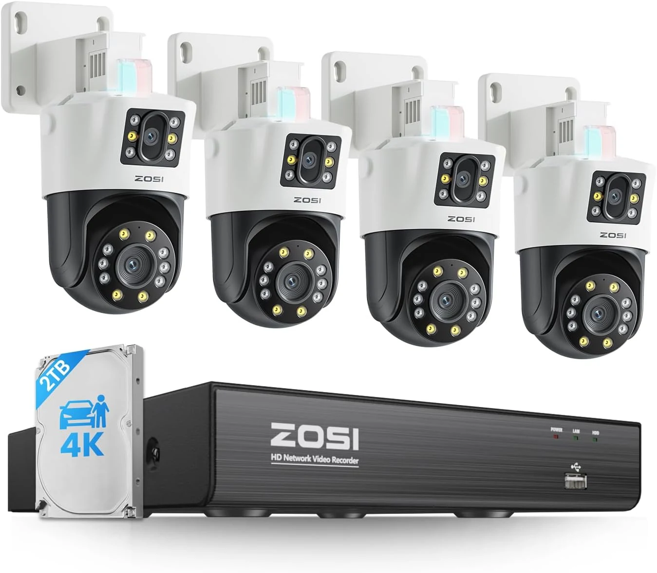 ZOSI 4K Dual-Lens PoE Security Camera System, 4 x 4K 8MP Pan/Tilt (2x4MP) PoE 360 Camera Outdoor, Person/Vehicle Detect, Spotlight Siren, Color Night Vision, 8CH 8MP NVR with 2TB HDD (16CH Expandable)