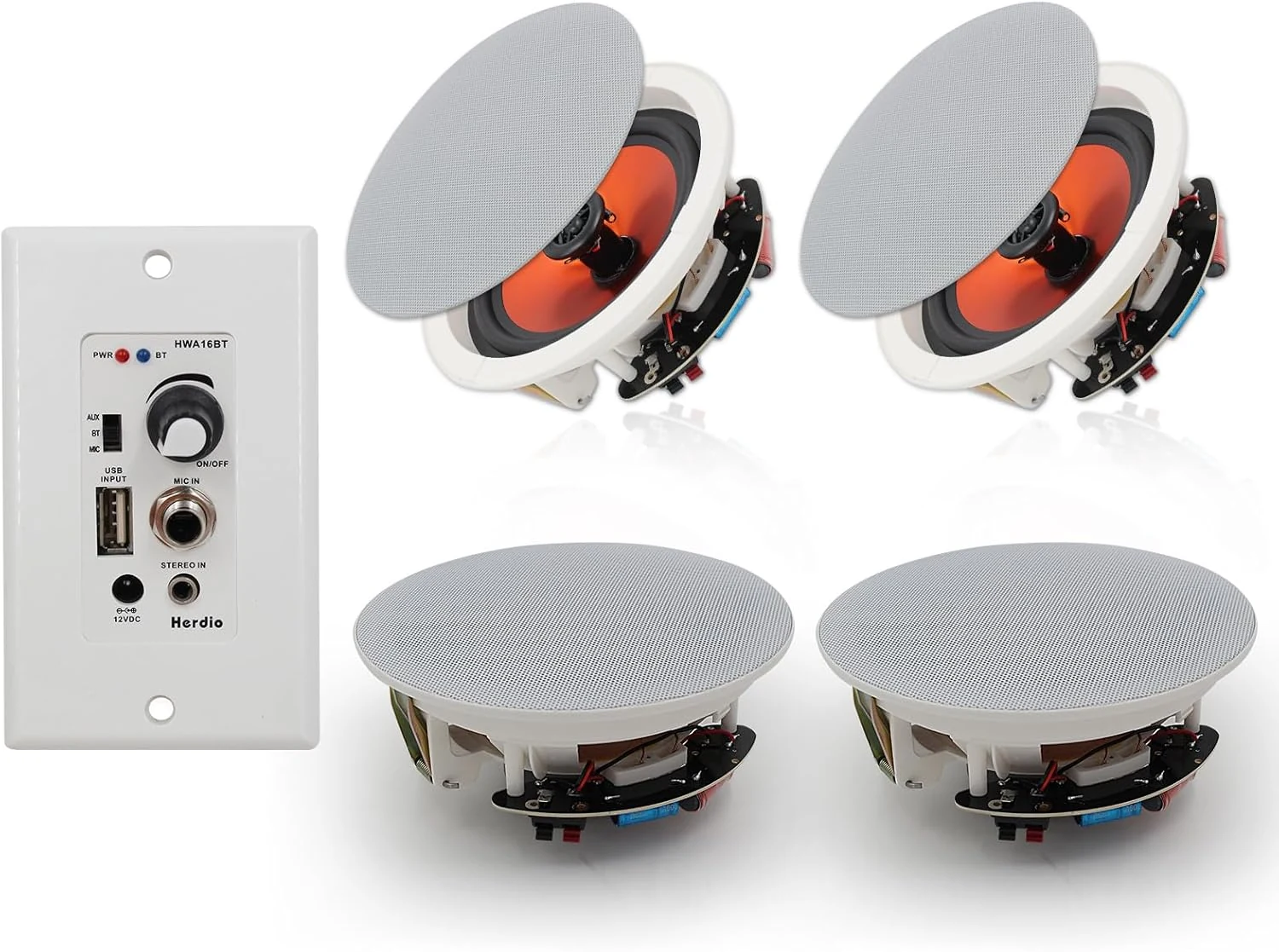 Herdio 6.5'' Bluetooth in Wall in Ceiling Speakers 600W 2-Way Flush Mount Speakers System with Wall Amplifier Receiver for Home Theater Office (2Pairs, Paintable-Grille)