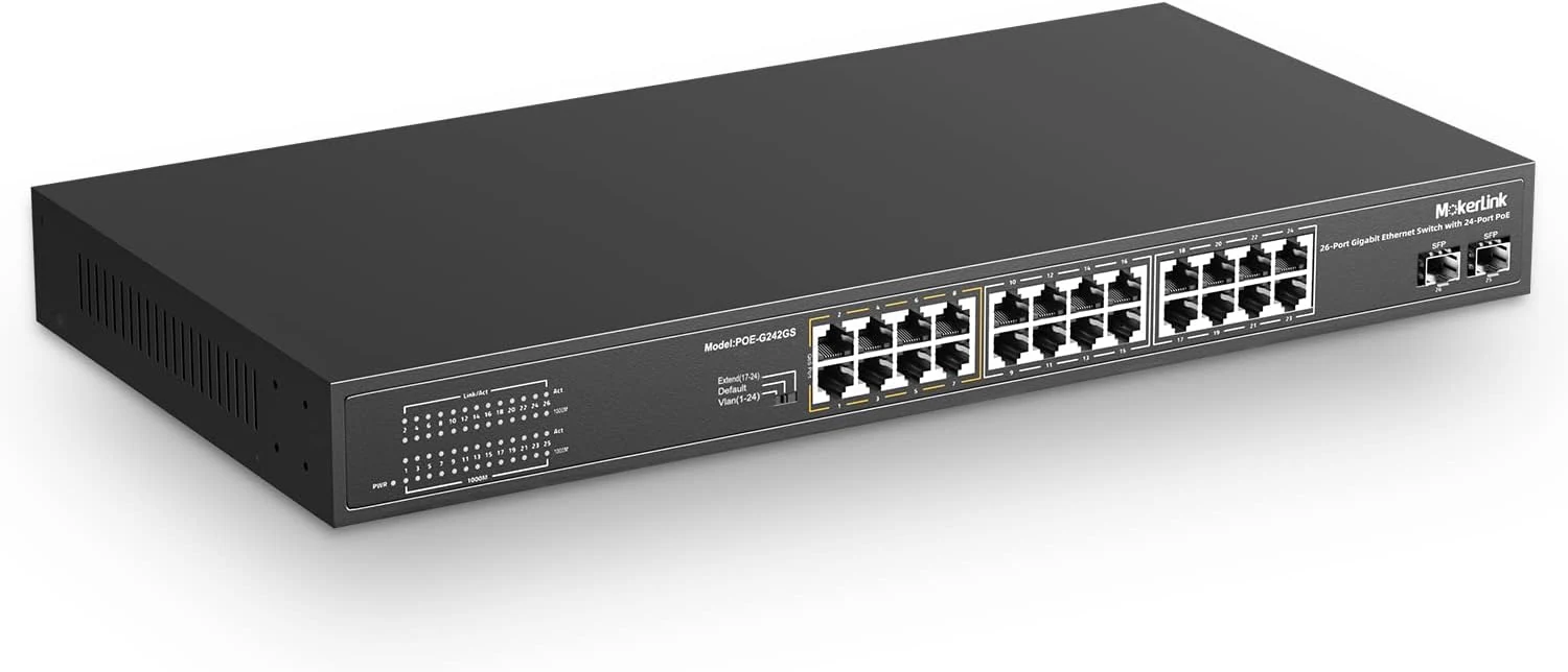 MokerLink 26 Port Gigabit PoE Switch, 24 Gigabit PoE+ Ports, 2 Gigabit SFP Uplink