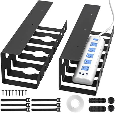Delamu 2 Pack Metal Under Desk Cable Management Tray, U Channel Cord Organizer Box
