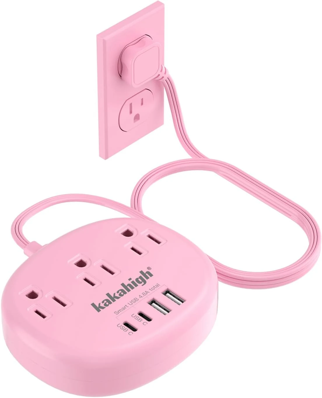 Pink Extension Cord with USB C - 5 FT Kawaii Power Strip (3 AC + 4 USB)