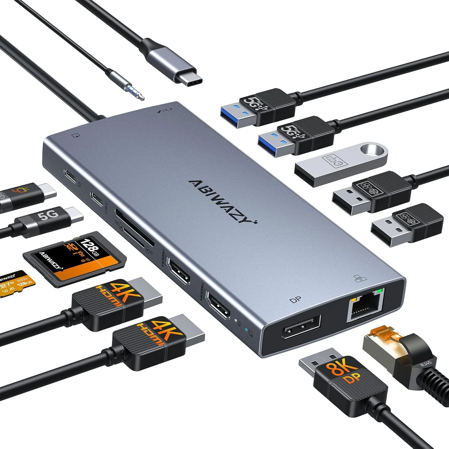 ABIWAZY USB C Docking Station Dual Monitor, 15 in 1 Docking Station (DP 8K, 2 HDMI 4K, 100W PD)