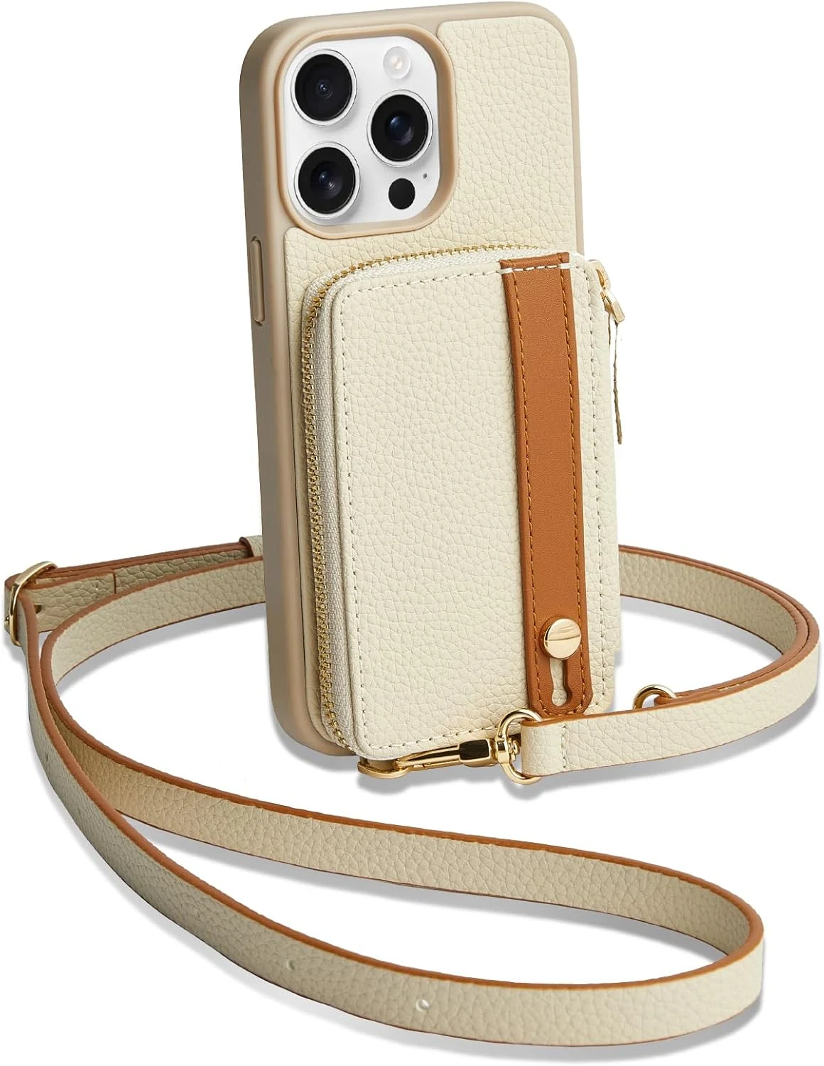 LAMEEKU for iPhone 15 Pro Max Wallet Case with Credit Card Holder, Zipper Leather Crossbody Case with Phone Grip Holder Stand (Beige)