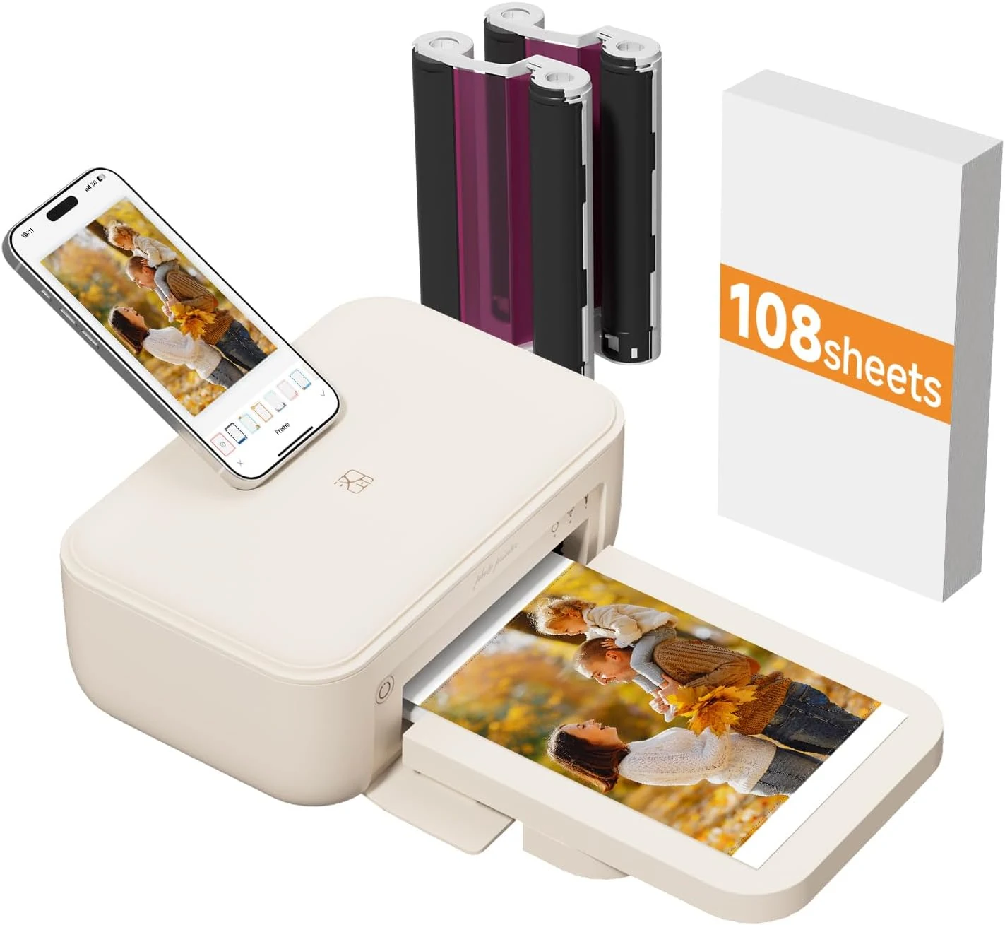 HPRT 4x6 Photo Printer & 108 Sheets Photo Paper & 2 Ribbons, Full Color Instant Picture Printer for Phone/Laptop/Home Use, Wi-Fi Connection, Thermal-Sublimation, 15s AR Video Printing, Beige