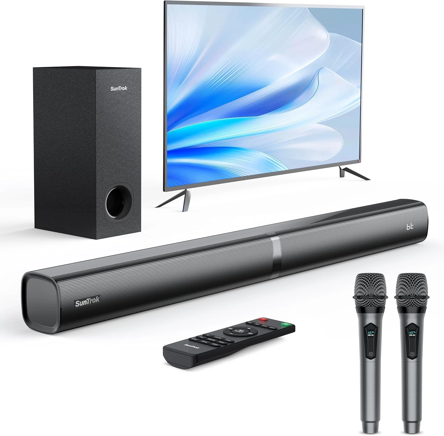 Soundbar with Subwoofer for TV, Home Theater Bluetooth 5.3 Speaker System with 2 Wireless Karaoke Mics