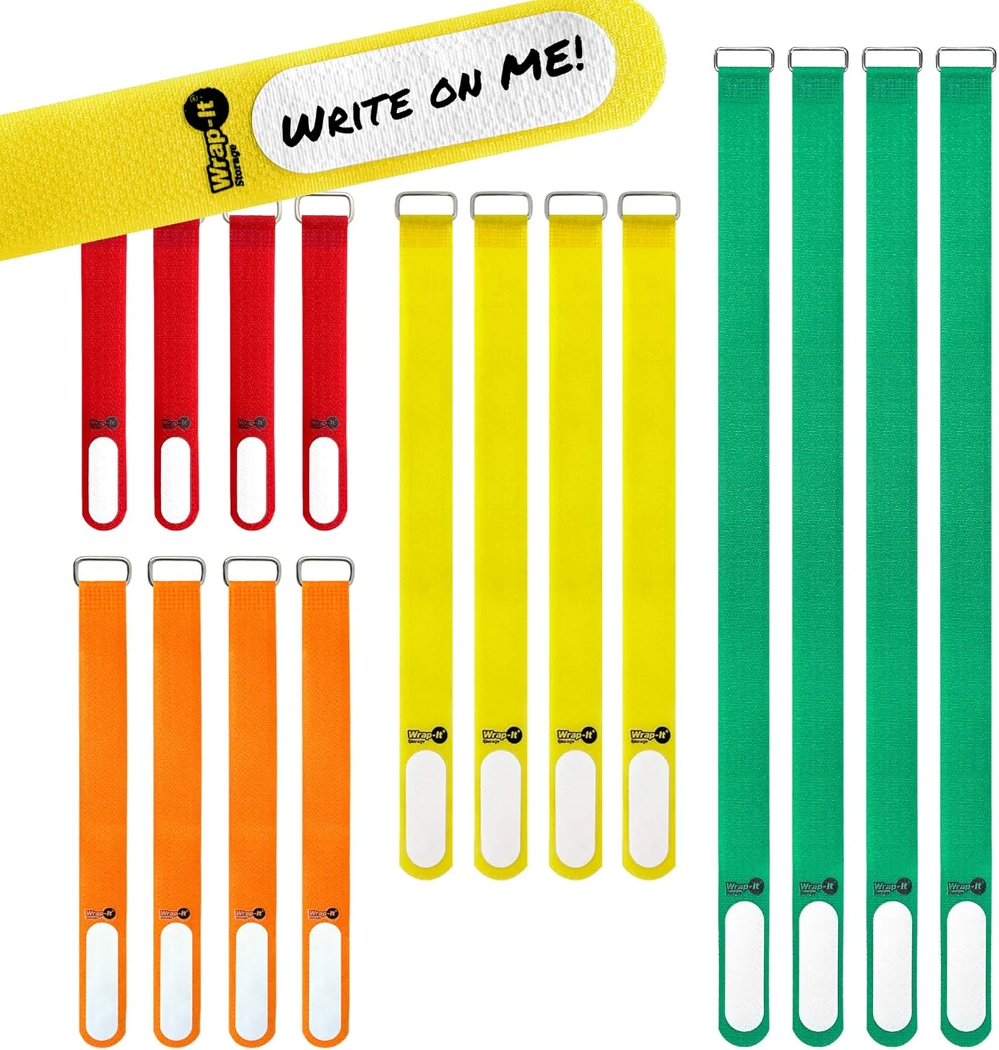 Wrap-It Storage Cinch-Straps (Assorted 16 Pack) Hook and Loop Straps with Metal Buckles and Write on Labels for Easy Cord Identification