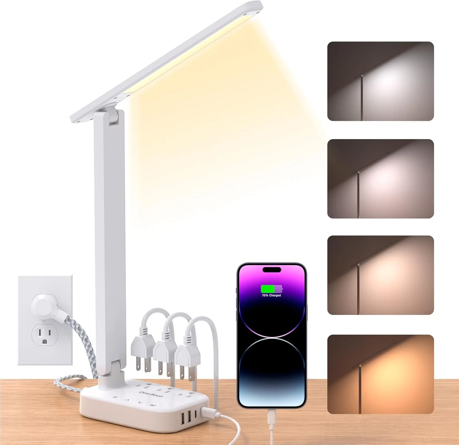 One Beat Small LED Desk Lamp Power Strip 5ft Extension Cord with 3 Outlets 4 USB Ports (2 USB C)