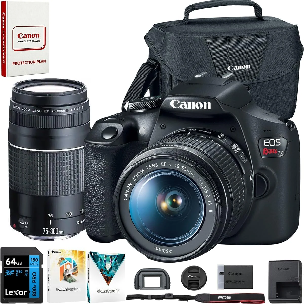 Canon EOS Rebel T7 DSLR Camera with EF18-55mm + EF 75-300mm Double Zoom Kit Bundle