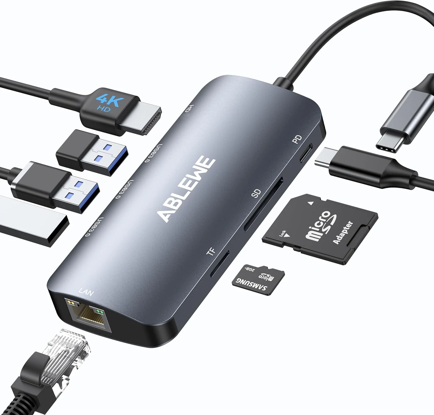 ABLEWE USB C Hub Ethernet, Multiport USB C to HDMI Hub (8 in 1, 100W PD)