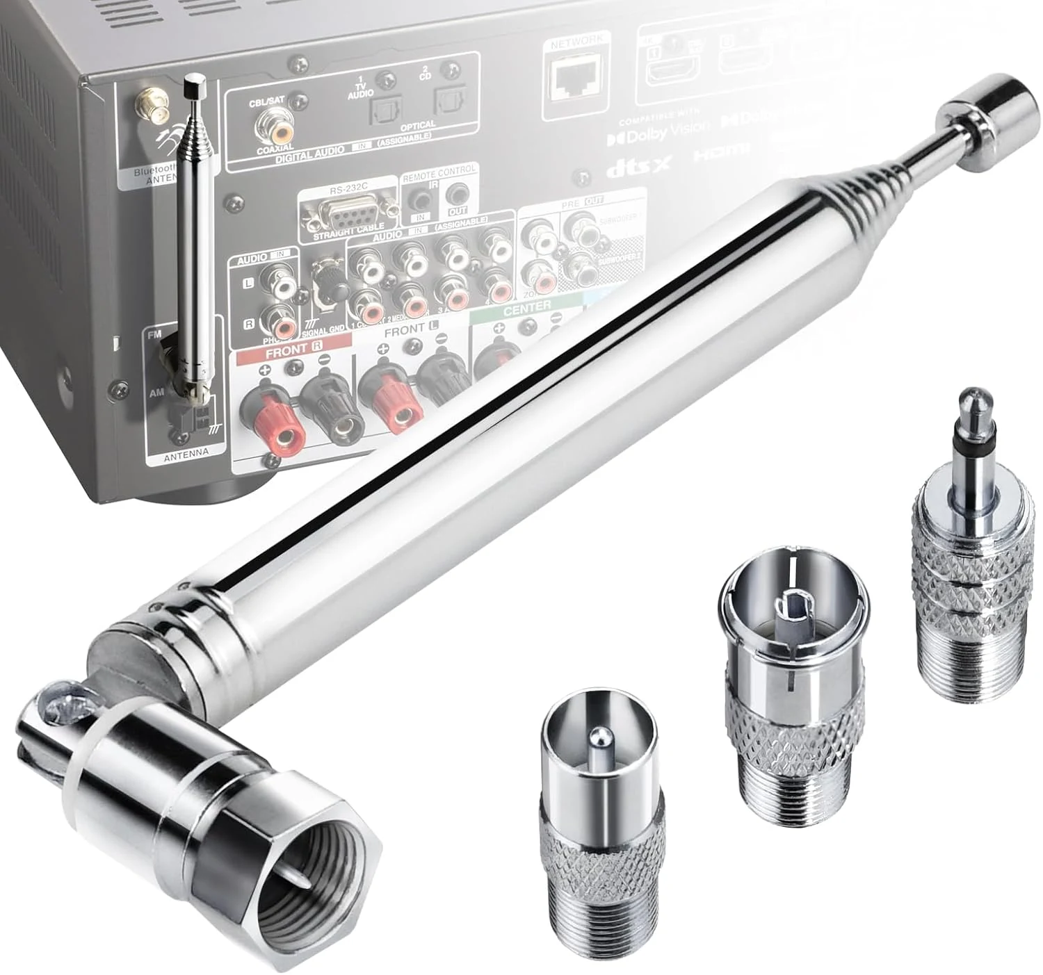 Ancable FM Radio Antenna (Indoor telescopic, 75 ohm, F-type with adapters)