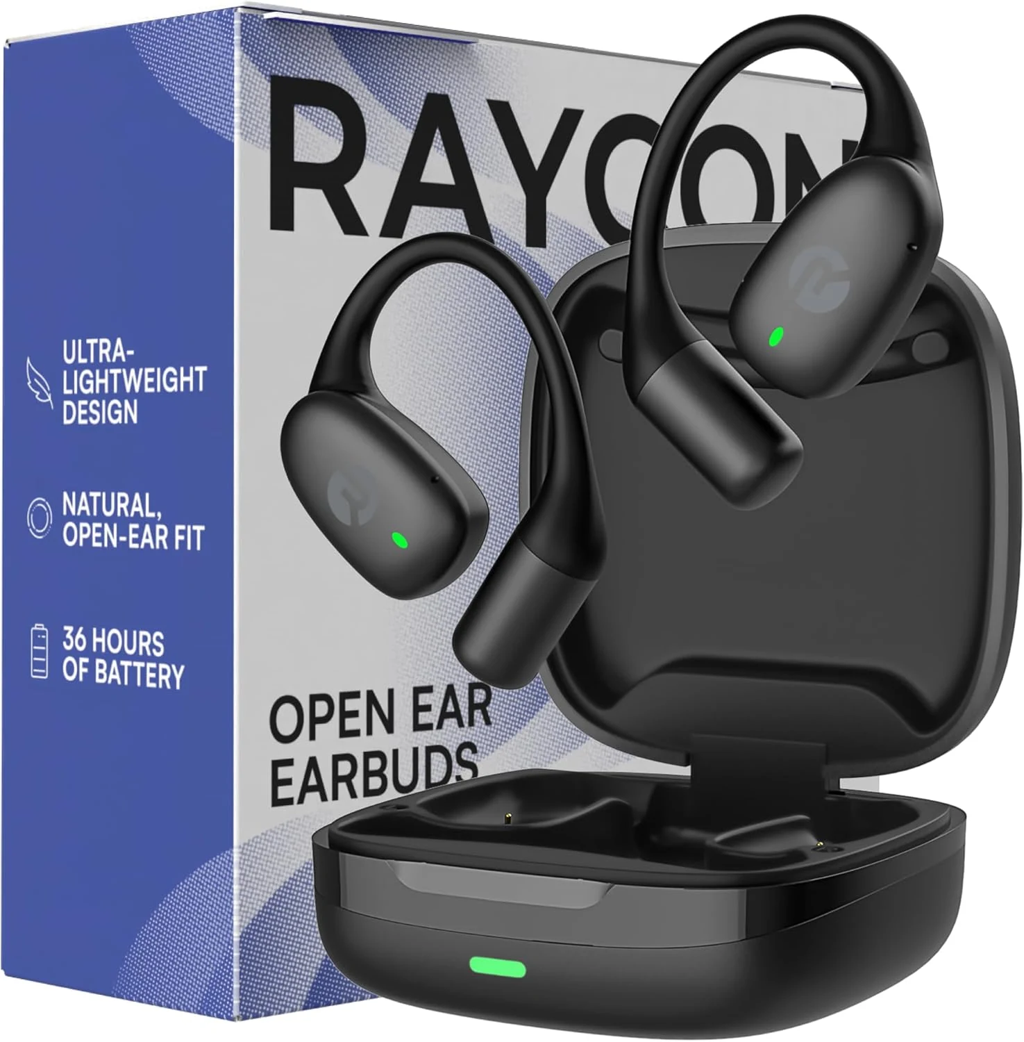 Raycon Essential Open Ear Earbuds – Open Ear Headphones, Earbuds Wireless Bluetooth, Sweat & Water-Resistant Earphones, Running Headphones with Ultra-Lightweight Design, 36 Hours Battery Life (Black)