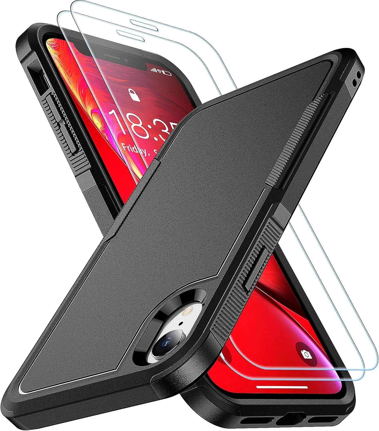 SPIDERCASE for iPhone XR Case (Black) with 10 FT Drop Protection and 2-Pack Tempered Glass Screen Protectors