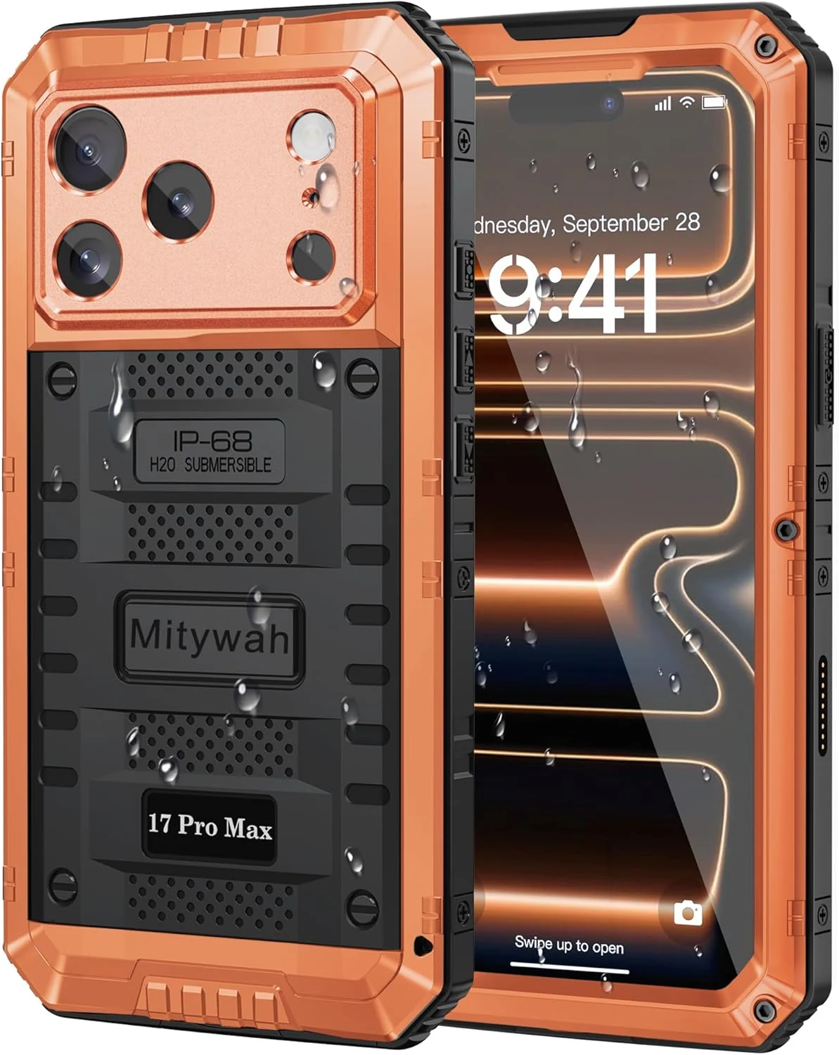 Mitywah Waterproof Case for iPhone 17 Pro Max, Rugged Metal Case with Built-in Screen Protector (Orange)